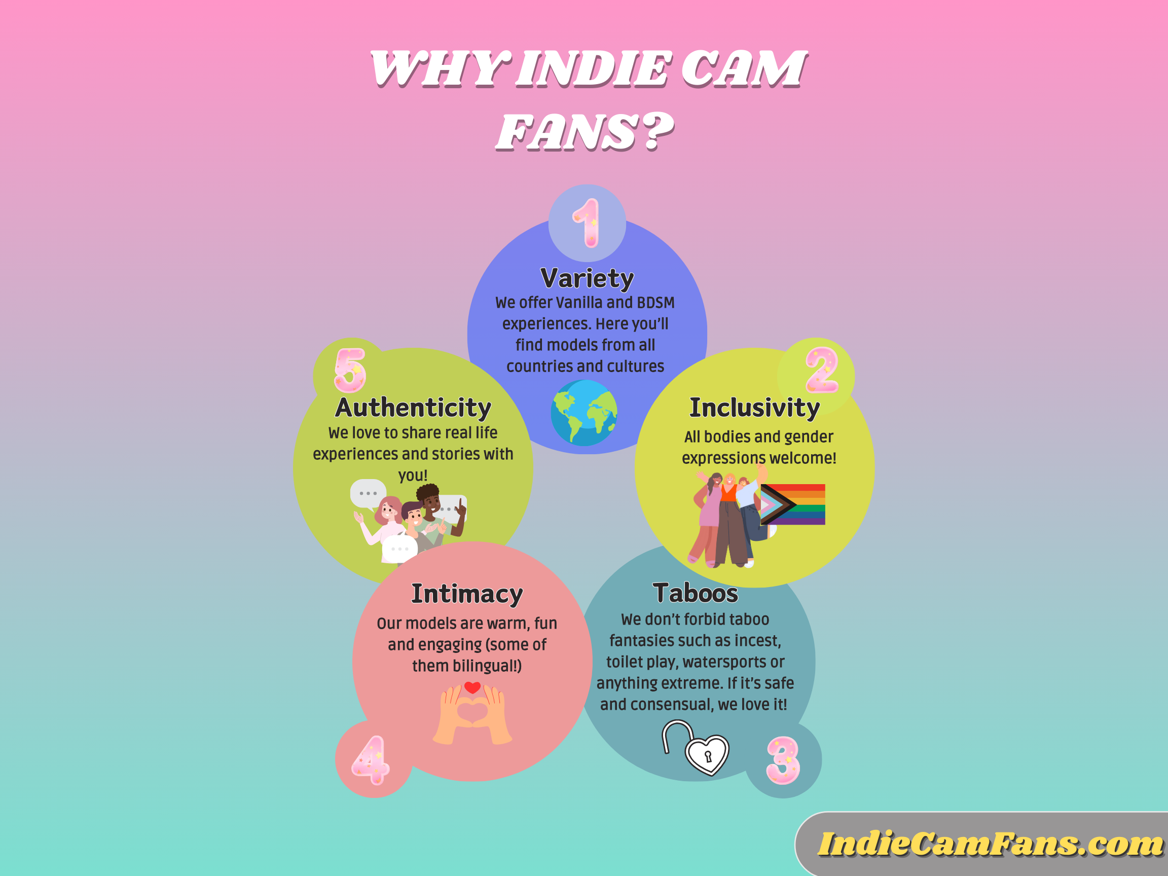 A chart showing what IndieCamFans cam models have to offer in their cam model sessions.